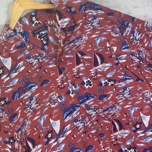 Crown & Ivy Men's Hawaiian Shirt Red Tropical Sailboat Dolphin Print Rayon Sz XL